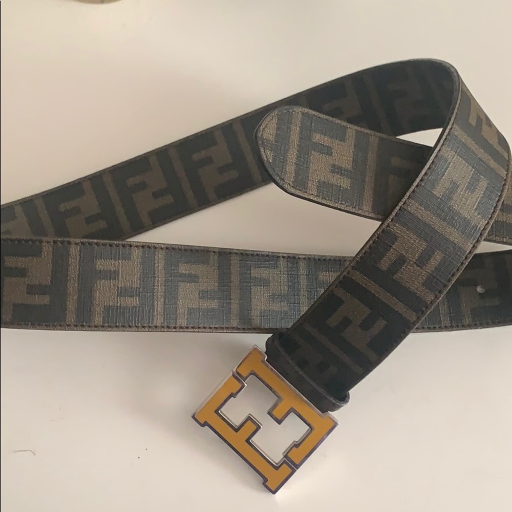 FENDI MONOGRAM LEATHER BELT W YELLOW BUCKLE
